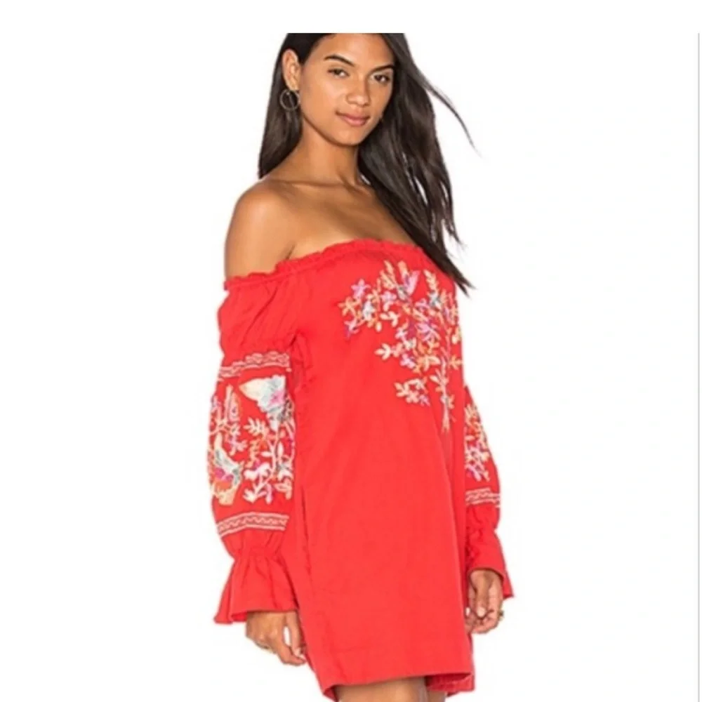 Free People Fleur Du Jour Embroidered Floral‎ Tunic Shift Mini Dress Boho XS/TP